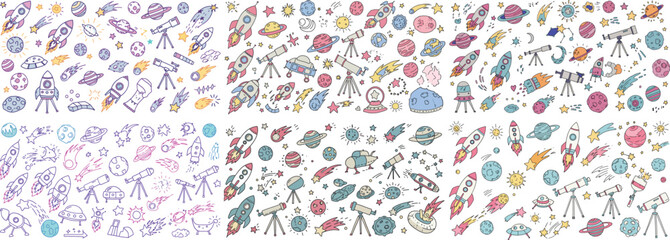 Colorful illustration of space-themed doodles featuring rockets, planets, and telescopes.