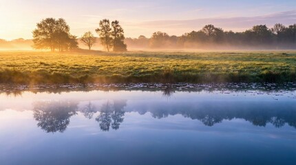 Serene morning landscape with trees and fog reflected in river  