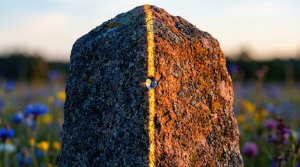 Striking stone marker with yellow line in colorful wildflower field  