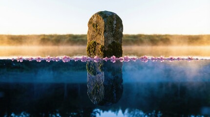Natural stone monument surrounded by water and flower petals at dawn  