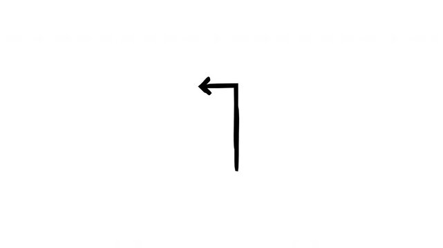 Vertical arrows turning left hand-drawn sketch animation. Sharp angle leftward flow. Reverse move. Animated doodle direction. Scribble pointers. Ink freehand symbols 4K video on transparent