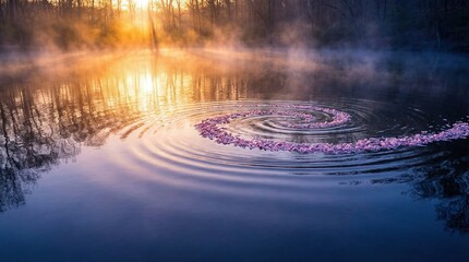 Morning sunlight reflecting on calm lake with rippling purple petals  