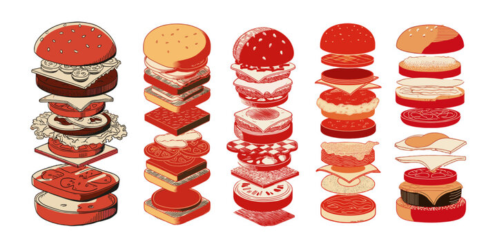 Exploded view hamburger layers color ink sketch vector set. Sesame seed bun beef patty cheddar cheese slice tomato ring lettuce leaf onion pickles ketchup mustard engraving fast food isolated