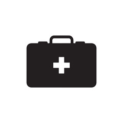 Obraz premium Black first aid kit box with white cross on front medical emergency symbol