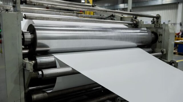 Medium shot capturing hard nip calender machinery applying intense pressure on uncoated paper creating a highly polished surface for premium quality.