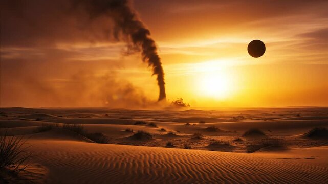 Dramatic desert dust devil during sunset with dark planet in sky