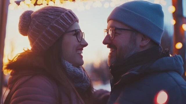 A smiling couple, close up, face each other outdoors. String lights in background, warm tones
