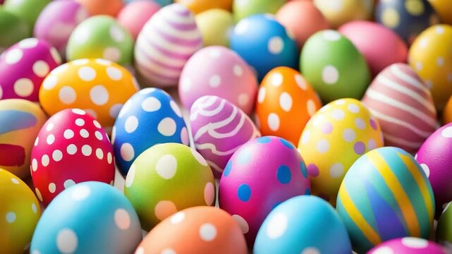 A vibrant close-up of a multitude of colorful Easter eggs, adorned with various patterns