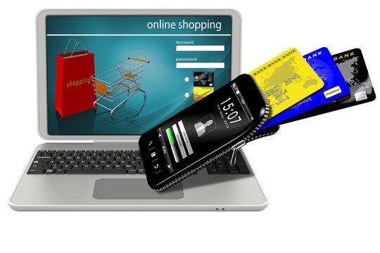 PNG. Trasparente. Illustrazione 3D. Pagamento elettronico. Computer portatile, carta di credito e applicazione smartphone come simbolo dei pagamenti online..