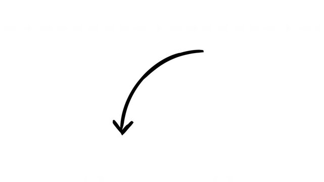 Curved down arrows in sweeping motion hand-drawn sketch animation. Downward arc. Left curve. Animated doodle direction collection. Scribble pointers. Ink freehand symbols 4K video on transparent