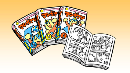 山積みの漫画本と開かれたコミックのイラスト：読書・趣味・娯楽