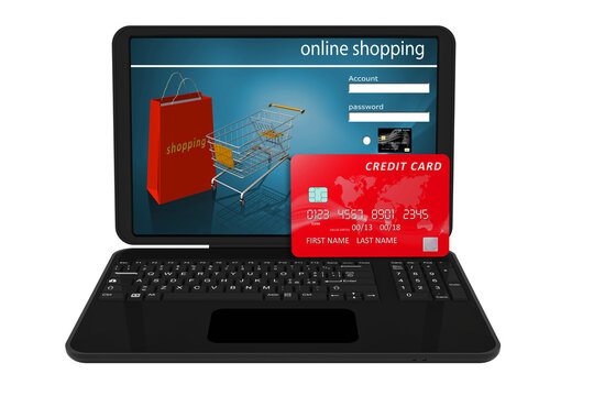 PNG. Trasparente, Illustrazione 3D. Pagamento elettronico. Computer portatile, carta di credito e applicazione smartphone come simbolo dei pagamenti online..