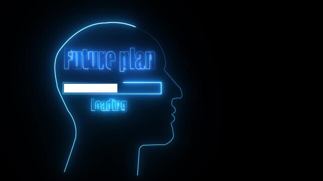 Blue Neon Outline Of Human Head With Future Plan Loading Bar On Black Background progress bar silhouette