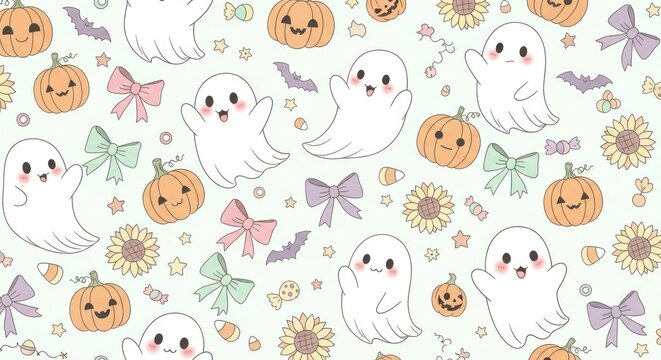 A Halloween-themed pattern featuring ghosts, pumpkins, bats, bows, and stars on a light green background