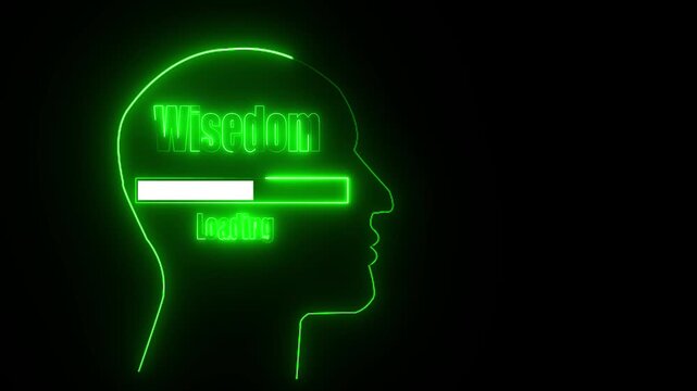 Green Neon Outline Of Human Head With Wisdom Loading Bar On Black Background progress bar silhouette