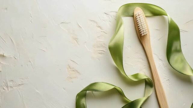 A wooden toothbrush and green ribbon sit on a textured white surface