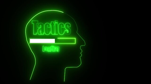 Green Neon Outline Of Human Head Silhouette With Loading Bar And Tactics Text image photo