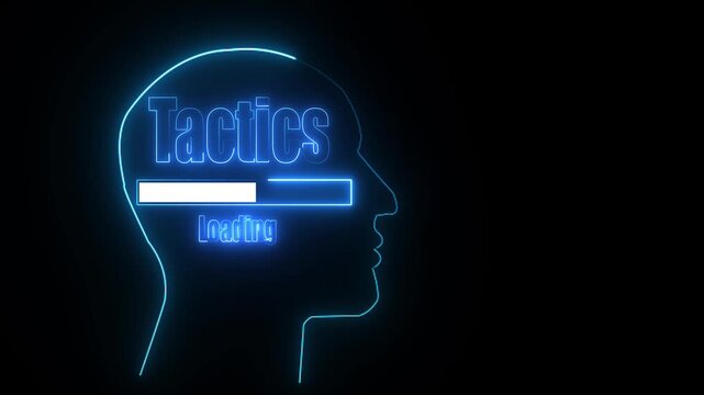 Blue Neon Outline Of Human Head Silhouette With Loading Bar And Tactics Text image photo