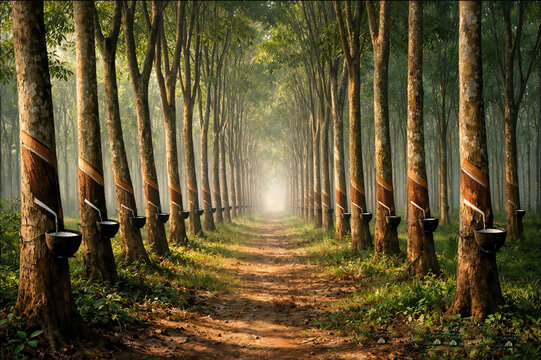 High-resolution image of rubber tree tapping in a lush plantation, highlighting eco-friendly farming and agroindustrial resources.