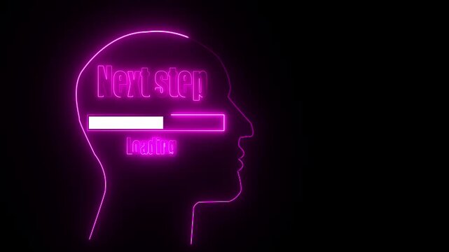 Pink Neon Outline Human Head Silhouette With Next Step Loading Bar On Black Background progress
