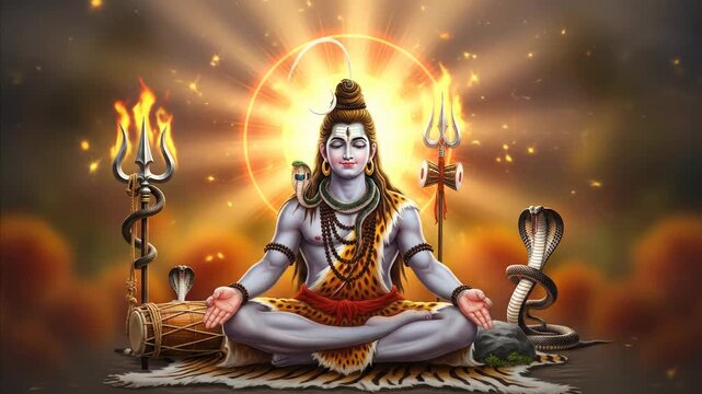Meditating Lord Shiva with Serpent, Trident, and Drum, Spiritual Aura