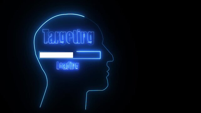 Neon blue outline of a human head silhouette with the word Targeting and a loading bar inside profile