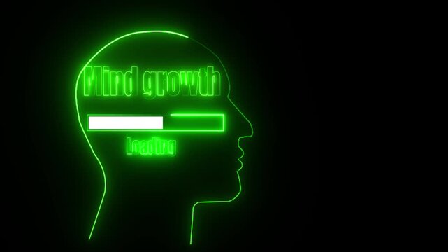 Neon green outline of a human head silhouette with the word Mind growth and a loading bar inside profile