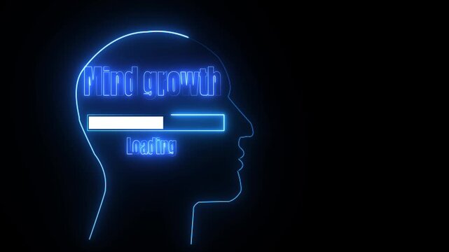Neon blue outline of a human head silhouette with the word Mind growth and a loading bar inside profile