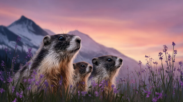 A cute groundhog on a festive spring day. Groundhog Day. A groundhog with fluffy fur. Landscape view.