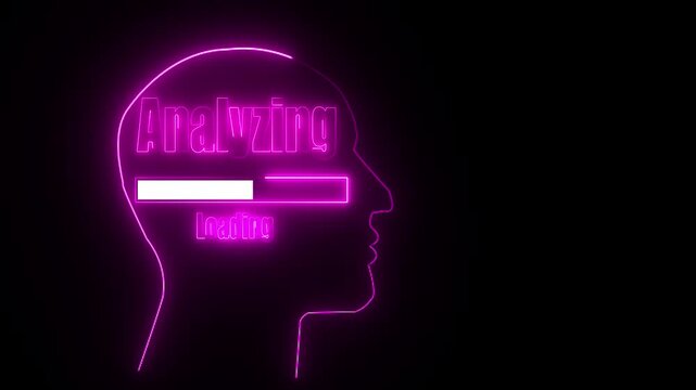 Neon pink outline of a human head profile with " Analyzing" and " Loading" text and a progress bar inside on a black background