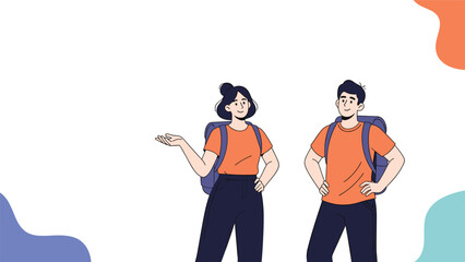 A young man and woman with backpacks stand together, with the woman gesturing towards a blank space for presentation.