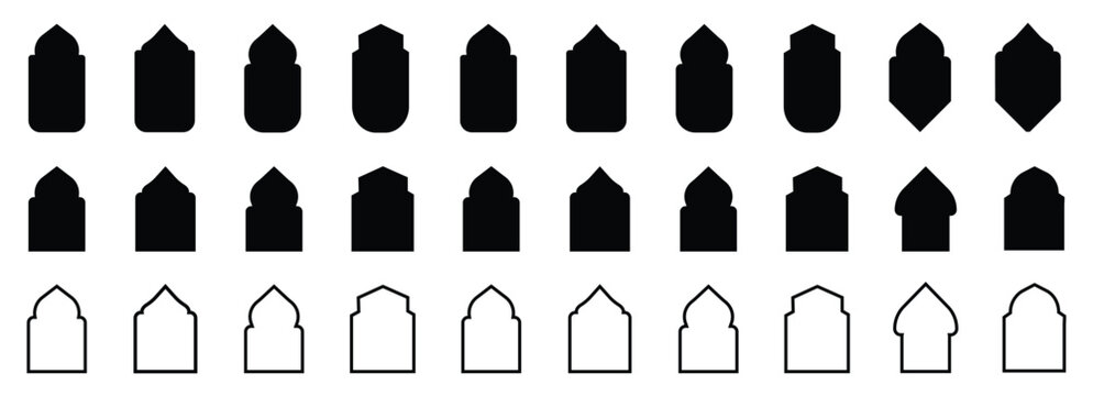 Islamic shape frame, arab ornament arch. Ramadan traditional door, arabesque ornament, islamic window.Vector mosque gate shape isolated on background. Islamic border frame vector set.