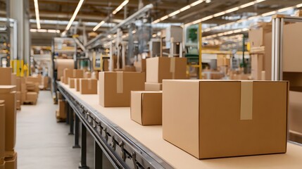 Conveyor Belt: A captivating view of an automated conveyor belt transporting cardboard boxes, signifying the flow of goods in a modern distribution center, streamlined efficiency and logistics.