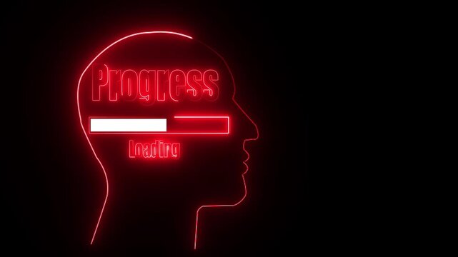 Red neon outline of a human head with the word Progress and a loading bar inside progress bar