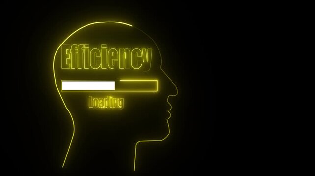 Yellow Neon Outline Human Head Silhouette With Efficiency Loading Bar And Text On Black Background image