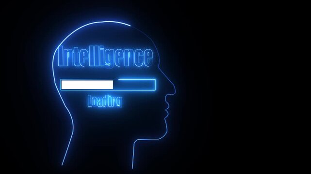 Blue Neon Outline Human Head Silhouette With Intelligence Loading Bar And Text On Black Background image