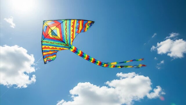 Vibrant geometric kite soaring against a bright blue sky with fluffy clouds