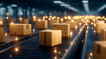 Automated Conveyor Belt: A dynamic conveyor belt, packed with cardboard boxes, moves seamlessly through a modern distribution center, symbolizing efficiency in logistic