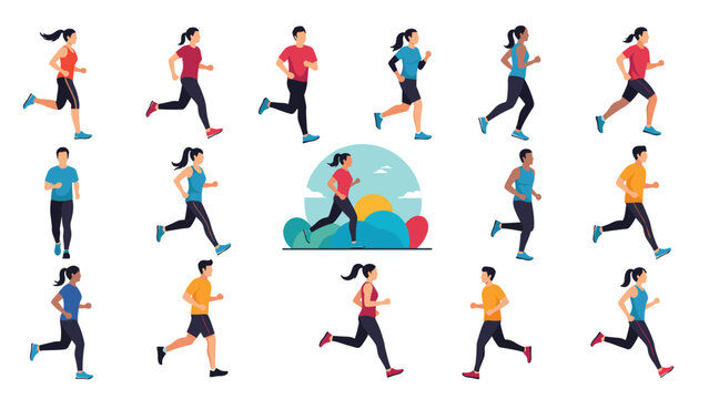 A large collection of diverse male and female characters in sportswear shown in various running and jogging poses and actions.