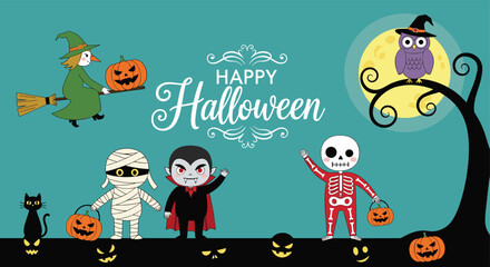 Happy Halloween greeting card with cute mummy, vampire, skeleton, and witch character illustration, spooky holiday background cad drawing flat vector illustration.
