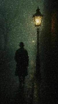 Victorian era man wearing a top hat walking down a foggy cobblestone street at night under the yellow glow of old gas lamps in a jack the ripper style, made of cubes
