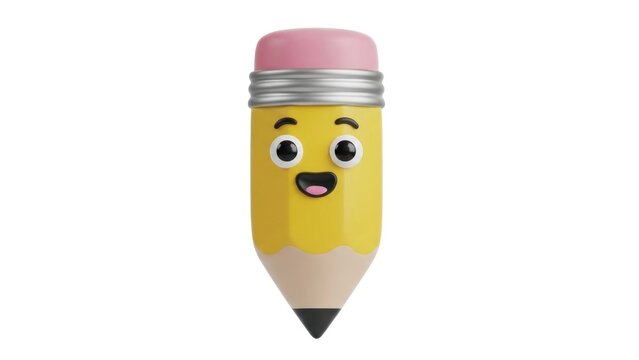 A cheerful cartoon pencil with a pink eraser, big eyes, and eyebrows