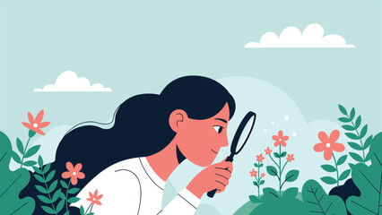 A curious woman in a lush garden closely examines the details of small, delicate flowers with a magnifying glass.
