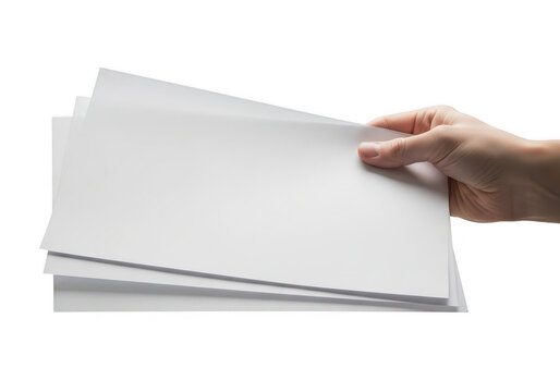 Hand holding stack of blank papers ideal for mockups on transparent background