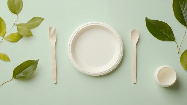 Eco-friendly dining set plate, fork, spoon, and cup with green leaves, arranged on a soft green surface