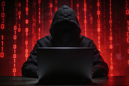 Dangerous cyber criminal conducting attack with spyware while monitoring secure data laptop computer with ominous red binary code matrix