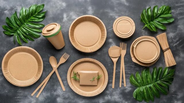 Eco-friendly tableware and green foliage arranged on a textured surface, promoting sustainable practices