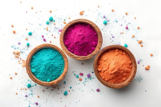 Holi Gulal Powder Bowls Turquoise Magenta Orange Flat Lay,
Vibrant Rainbow Holi Colors in Wooden Bowls Top View,
Colourful Holi Powder Three Bowls Scattered Speckles,
Bright Teal Pink Orange Gulal Bow