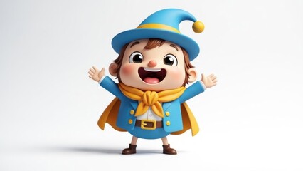 Obraz premium This image depicts a cheerful cartoon character wearing a blue hat and cape with gold accents and a matching yellow scarf