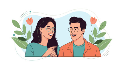 A happy young couple wearing glasses smiles and talks to each other, surrounded by a light floral and leaf background.